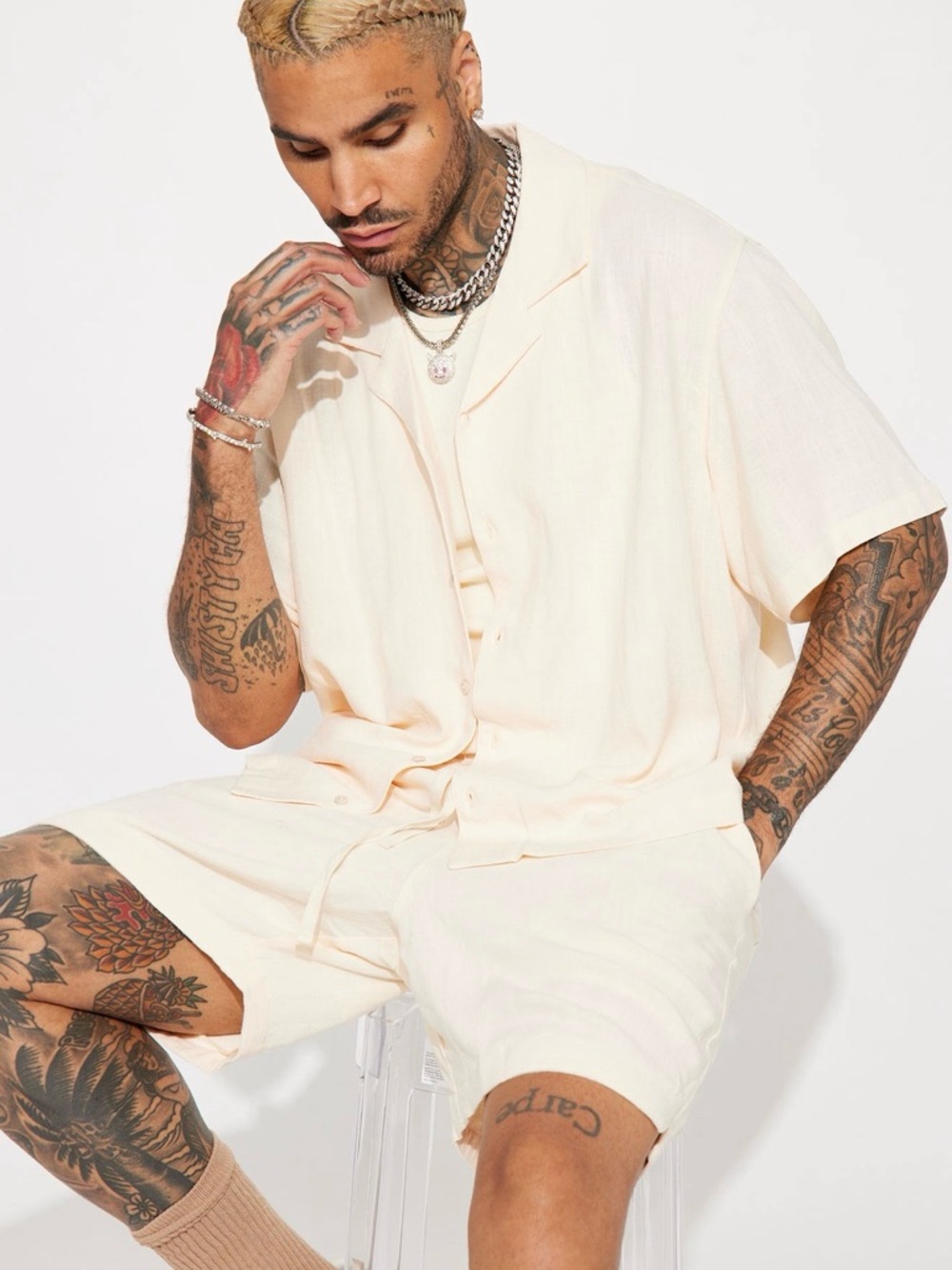 Fashion Nova Men's Cream Camp Collar Button Shirt